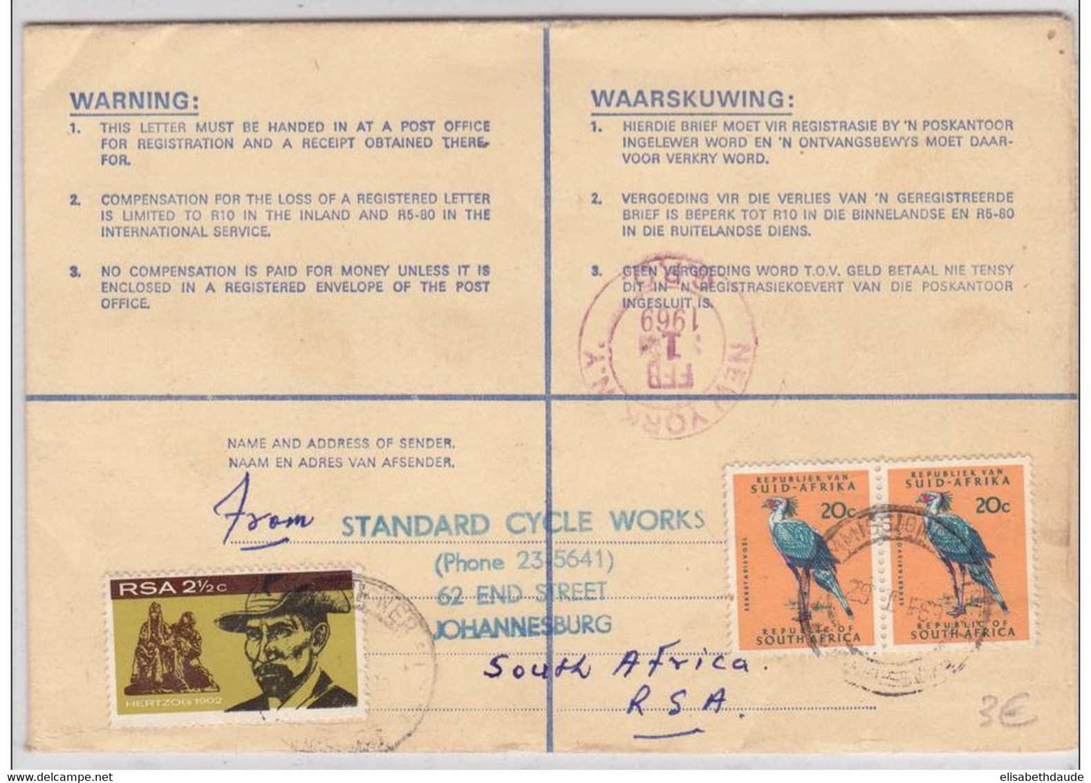 AFRIQUE Du SUD - 1969 - ENVELOPPE Par AVION RECOMMANDEE De JOHANNESBURG Pour NEW YORK (USA) - Brieven En Documenten