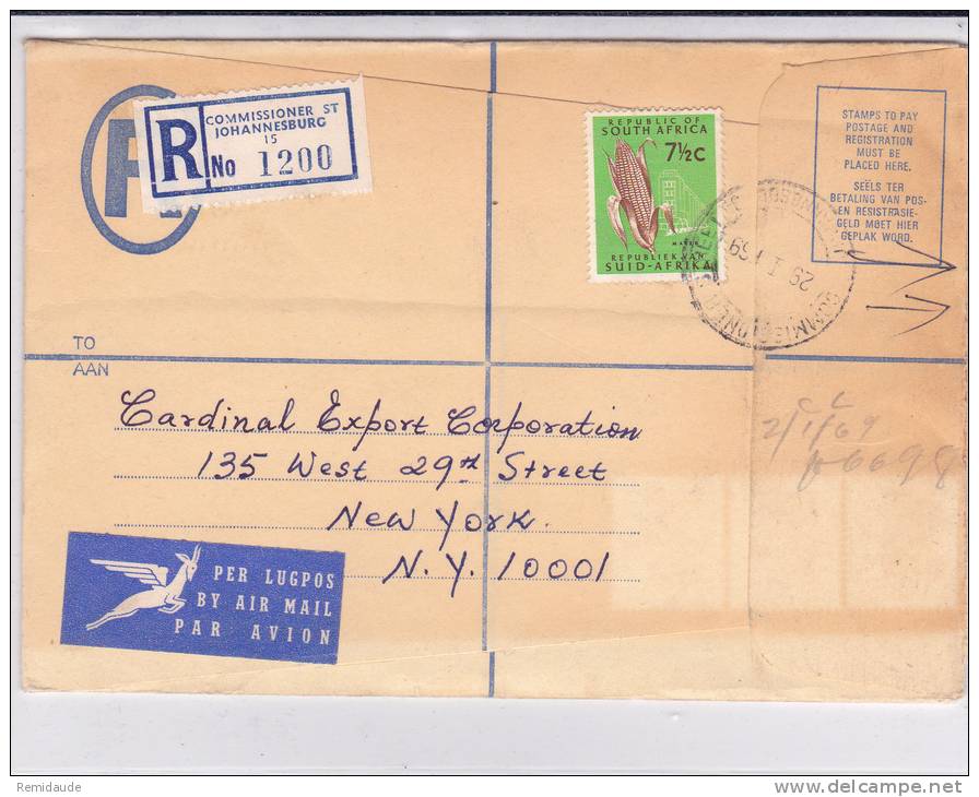 AFRIQUE Du SUD - 1969 - ENVELOPPE Par AVION RECOMMANDEE De JOHANNESBURG Pour NEW YORK (USA) - Covers & Documents