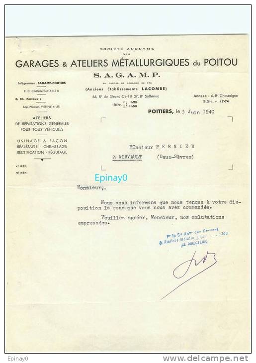 FACTURE - 86 - POITIERS - S.A.G.A.M.P - Garage & Ateliers Matallurgiques Du Poitou - Anciens établissement LACOMBE - - 1900 – 1949