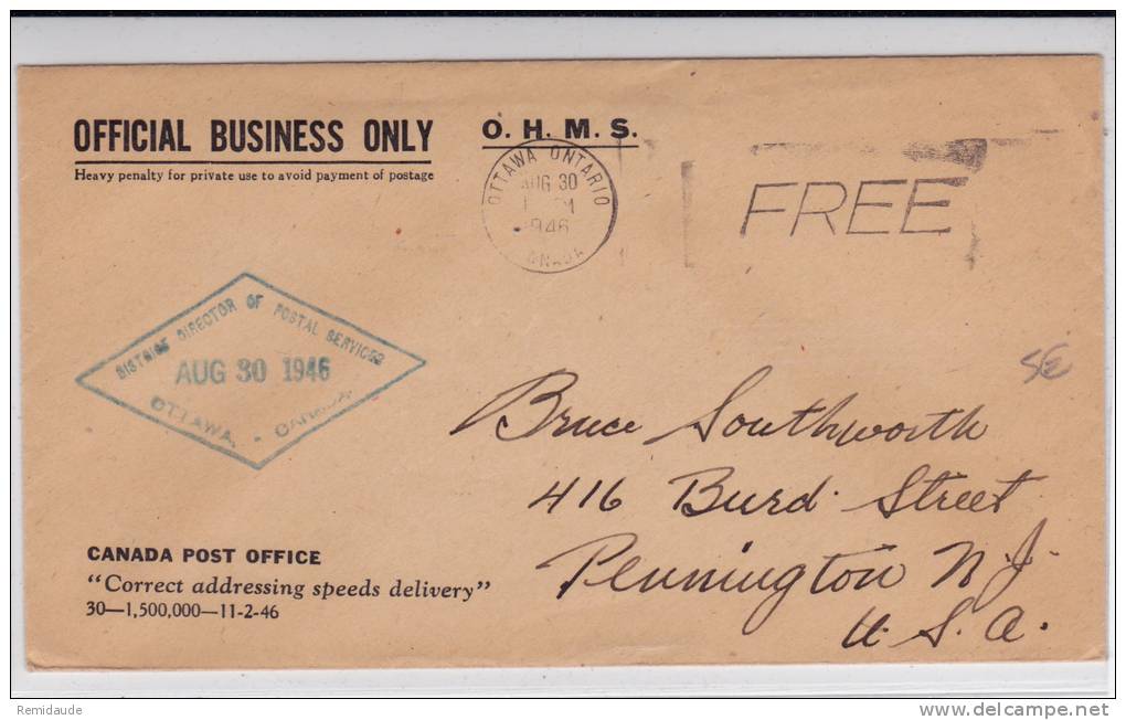 CANADA - 1946 - ENVELOPPE De SERVICE O.H.M.S (BUSINESS ONLY) De OTTAWA Pour PENNINGTON (USA) - Brieven En Documenten