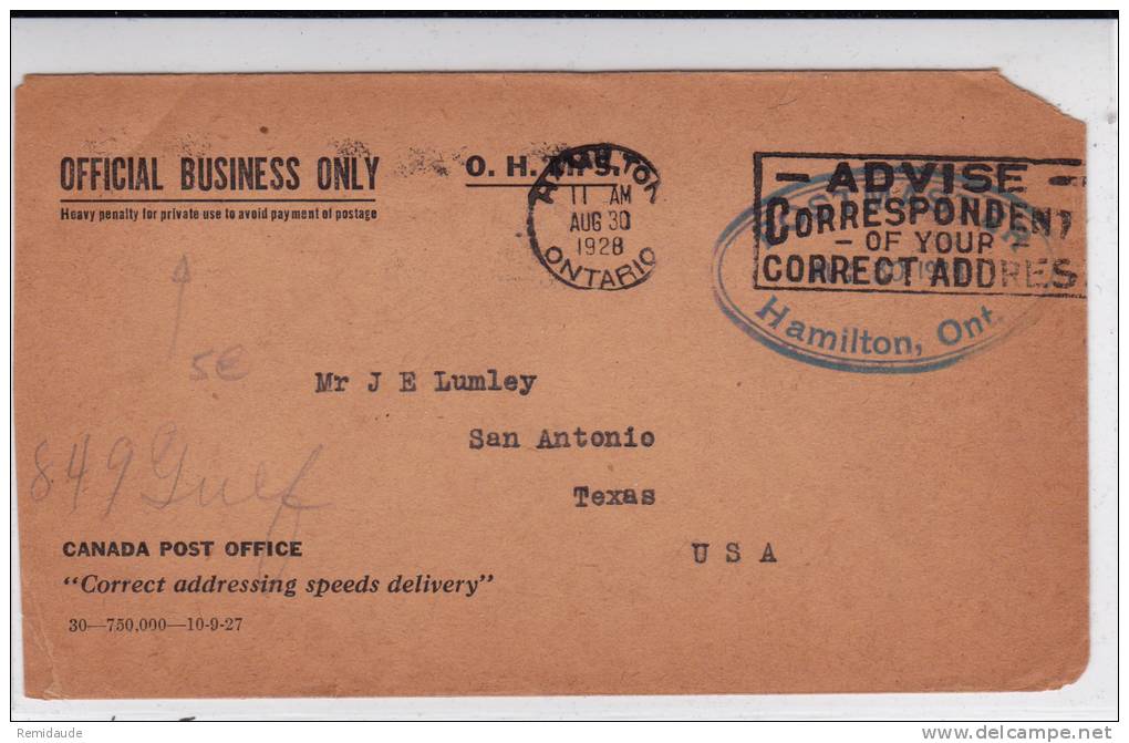 CANADA - 1928 - ENVELOPPE De SERVICE O.H.M.S (BUSINESS ONLY) De HAMILTON Pour Le TEXAS (USA) - Briefe U. Dokumente