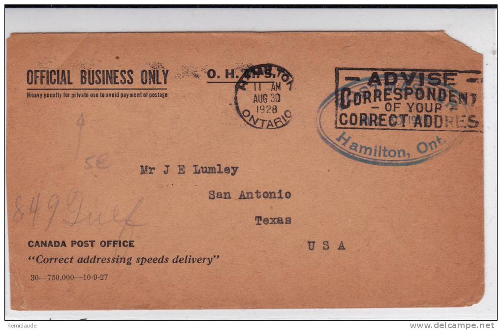 CANADA - 1928 - ENVELOPPE De SERVICE O.H.M.S (BUSINESS ONLY) De HAMILTON Pour Le TEXAS (USA) - Lettres & Documents