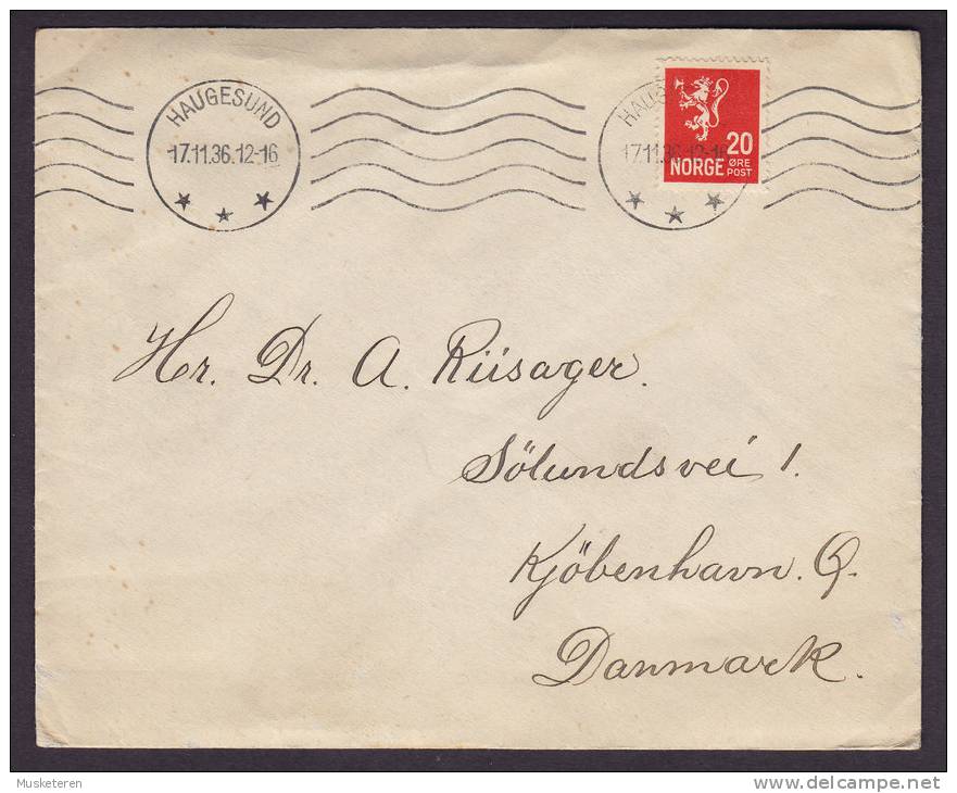 Norway Deluxe TMS Cancel HAUGESUND 1936 Cover To KJØBENHAVN Denmark - Brieven En Documenten