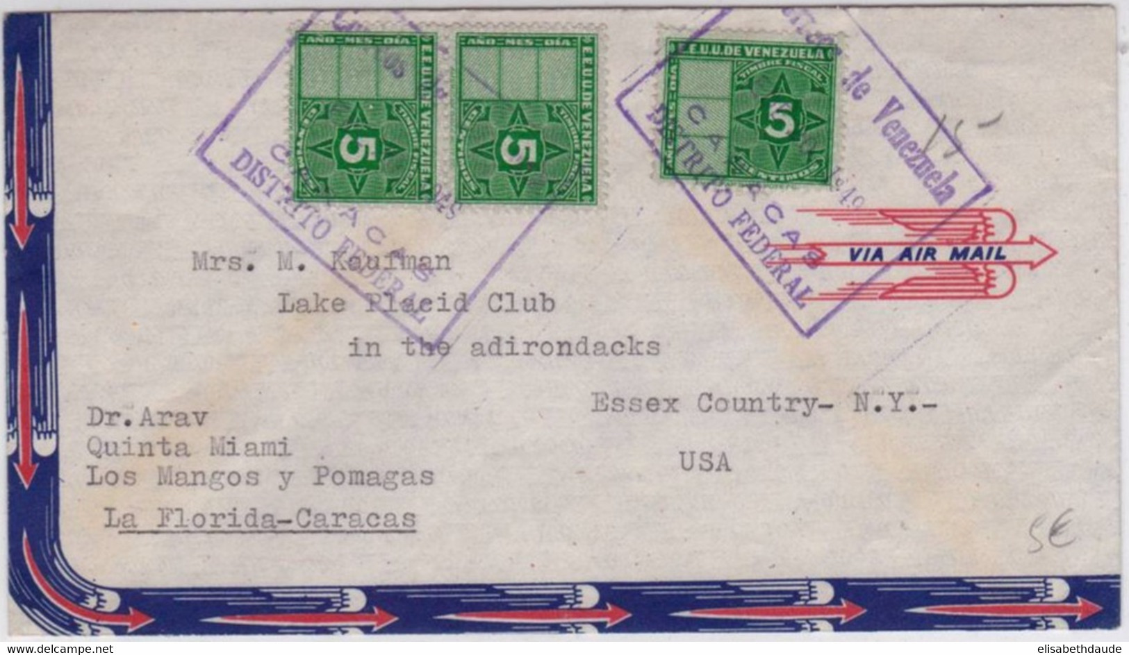 VENEZUELA - 1949 - TIMBRE FISCAL Avec UTILISATION POSTALE Sur ENVELOPPE Par AVION De CARACAS Pour Les USA - Venezuela