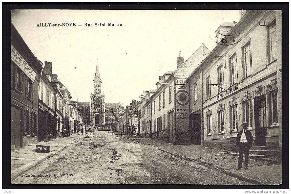 CPA  ANCIENNE- FRANCE- AILLY-SUR-NOYE (80)- RUE SAINT-MARTIN- L'EGLISE- LA "RUCHE PICARDE"- HOTELS D'AMIENS ET ROBERT- - Ailly Sur Noye