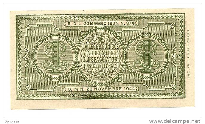 1 Lira Luogotenenza 1944 (ventura-simoneschi-giovinco) - FDS - Regno D'Italia – 1 Lire