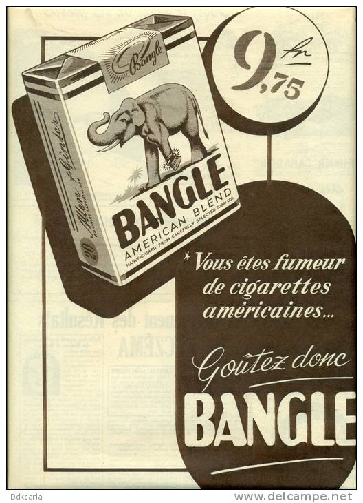 Reclame Uit Oud Magazine - Cigarettes Américaines BANGLE - Olifant - éléphant - A4 Formaat - Documenten