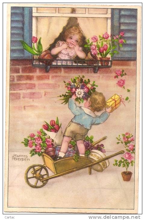 ILLUSTRATEUR - PETERSEN HANNES - FILLETTE A SA FENETRE GARCON DANS UNE BROUETTE AVEC FLEURS ET CADEAU Pli Dans Un Coin - Petersen, Hannes