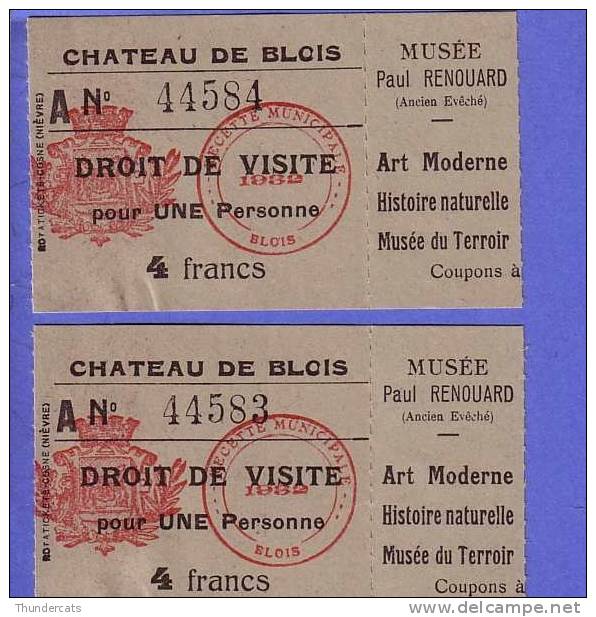 2 X ANCIEN TICKET D'ENTREE  CHATEAU DE BLOIS MUSEE PAUL RENOUARD  **  2 X OUD TOEGANGSBEWIJS KASTEEL VAN BLOIS - Tickets D'entrée