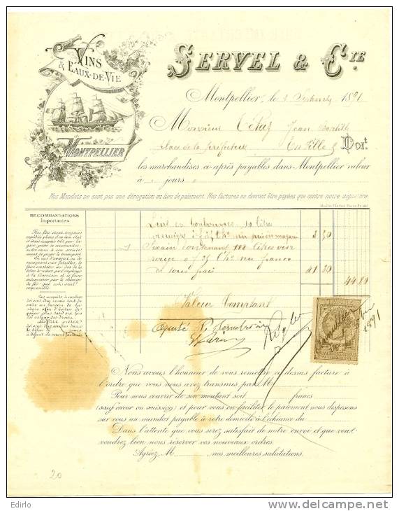 VINS ET SPIRITUEUX - -Facture Tête De Lettre Recto Verso -1891 Vins Fins Eaux De Vie SERVEL Et Compagnie - MONTPELLIER - 1800 – 1899