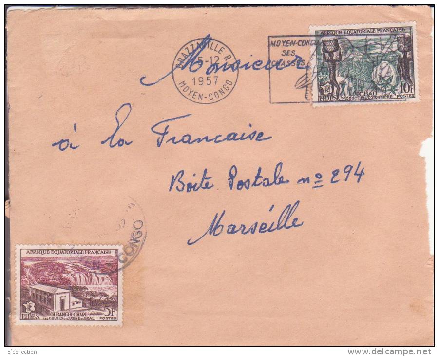 BRAZZAVILLE - MOYEN CONGO - 1957 - Colonies Francaises,Afrique,avion, Devant De Lettre,flamme,cachet,marc Ophilie - Covers & Documents