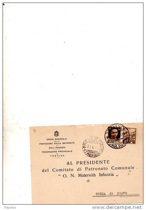 1943 CARTOLINA CON ANNULLO TREVISO + ANNULLO BREDA DI PIAVE - Marcophilia