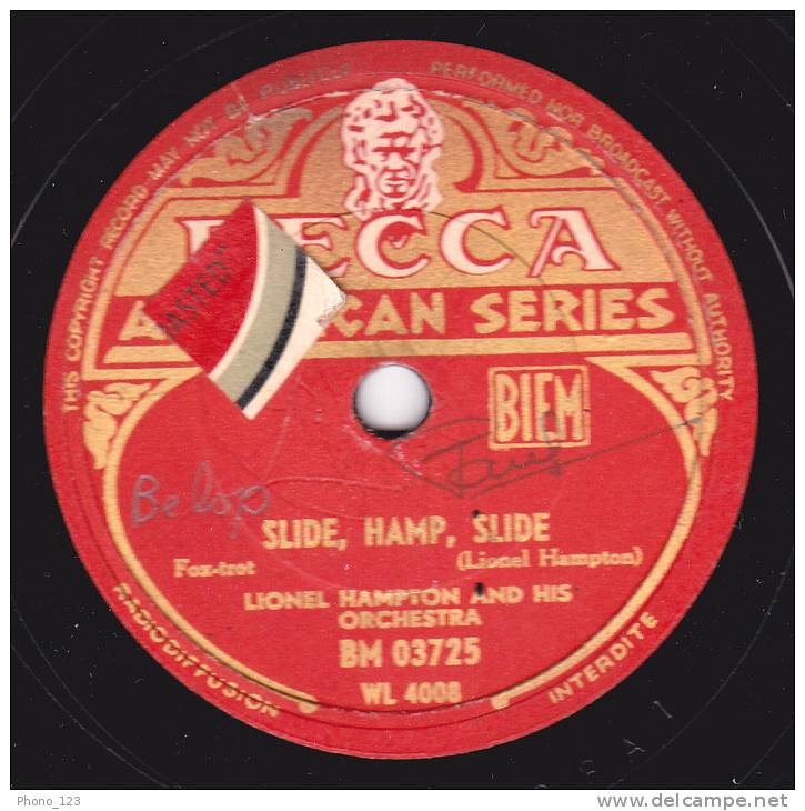 Disques 78 Tours Pour Phonographes - Fox-trot - LIONEL HAMPTON - SLIDE, HAMP, SLIDE - HEY BA- BA - RE - BOP - 78 Rpm - Gramophone Records