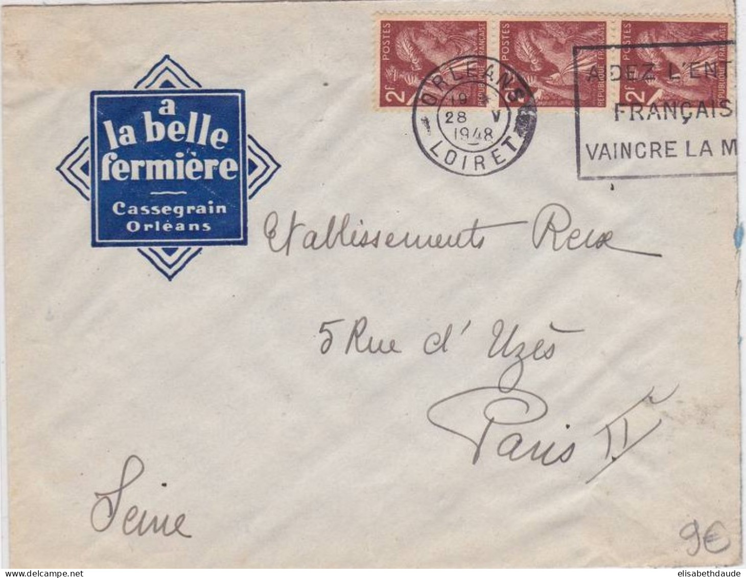 LOIRET - 1948 - ENVELOPPE PUBLICITAIRE DECOREE (LA BELLE FERMIERE) De ORLEANS  - IRIS - 1939-44 Iris