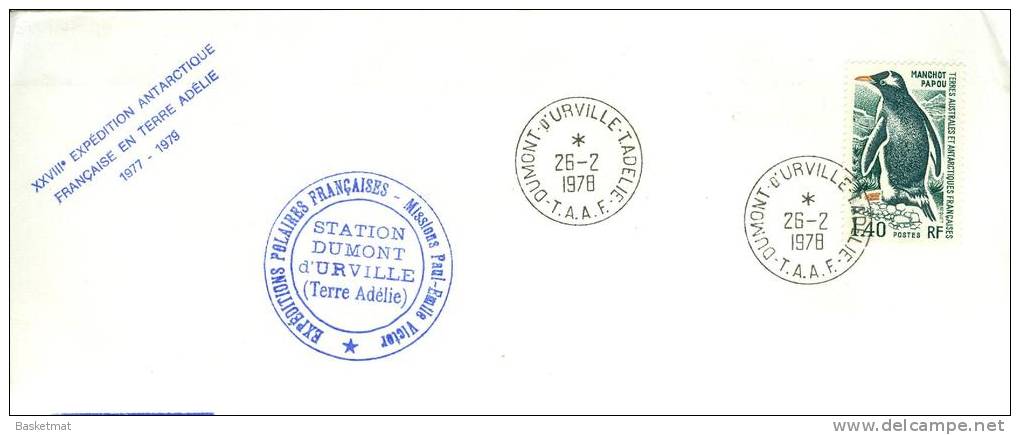 TAAF ENV DUMONT D´URVILLE   26/2/1978   CACHET MISSION PAUL EMILE VICTOR - Covers & Documents