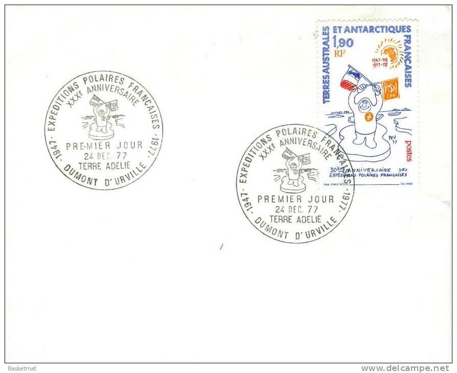 TAAF ENV DUMONT D´URVILLE   24/12/1977  1° JOUR 30° ANNIVERSAIRE EXPEDITION POLAIRE - Cartas & Documentos