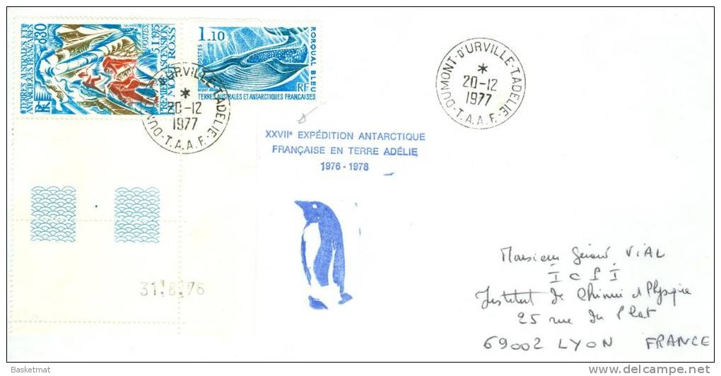 TAAF ENV DUMONT D´URVILLE   20/12/1977  CACHET MANCHOT 27° EXPE ANTARTIQUE - Covers & Documents