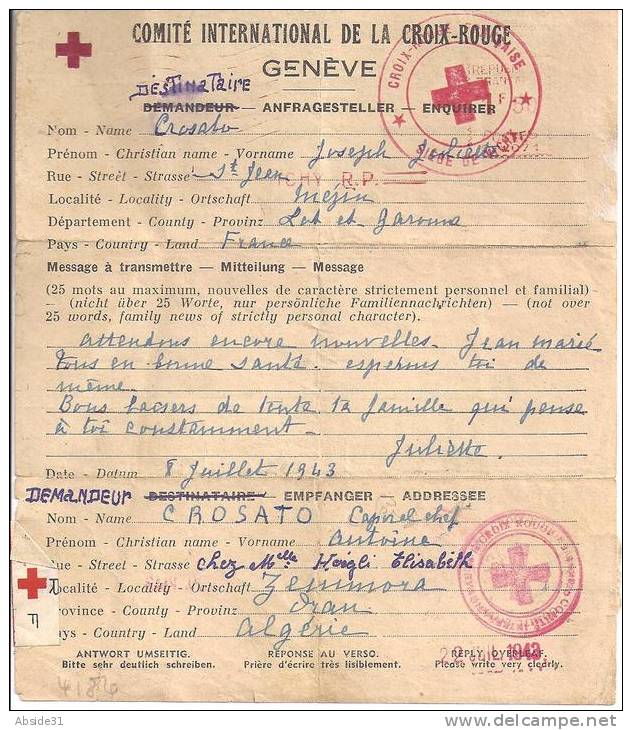 Message  Croix  Rouge - Guerre De 1939-45
