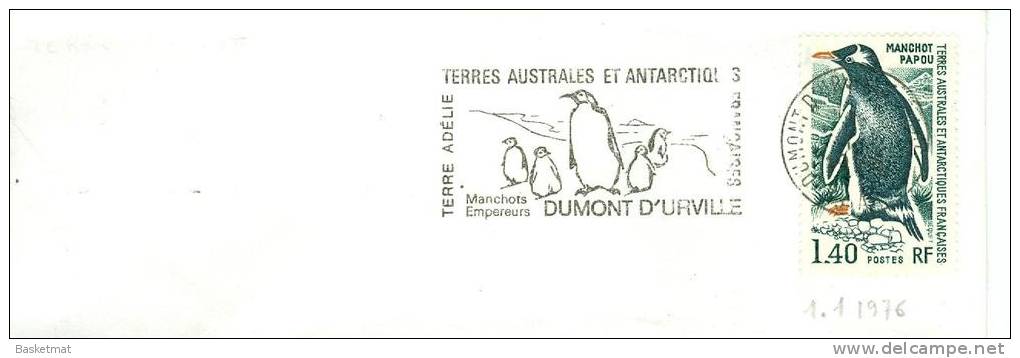 TAAF ENV DUMONT D´URVILLE   1/1/1976  TIMBRE N°60 MANCHOT PAPOU FLAMME MANCHOT EMPEREUR - Lettres & Documents