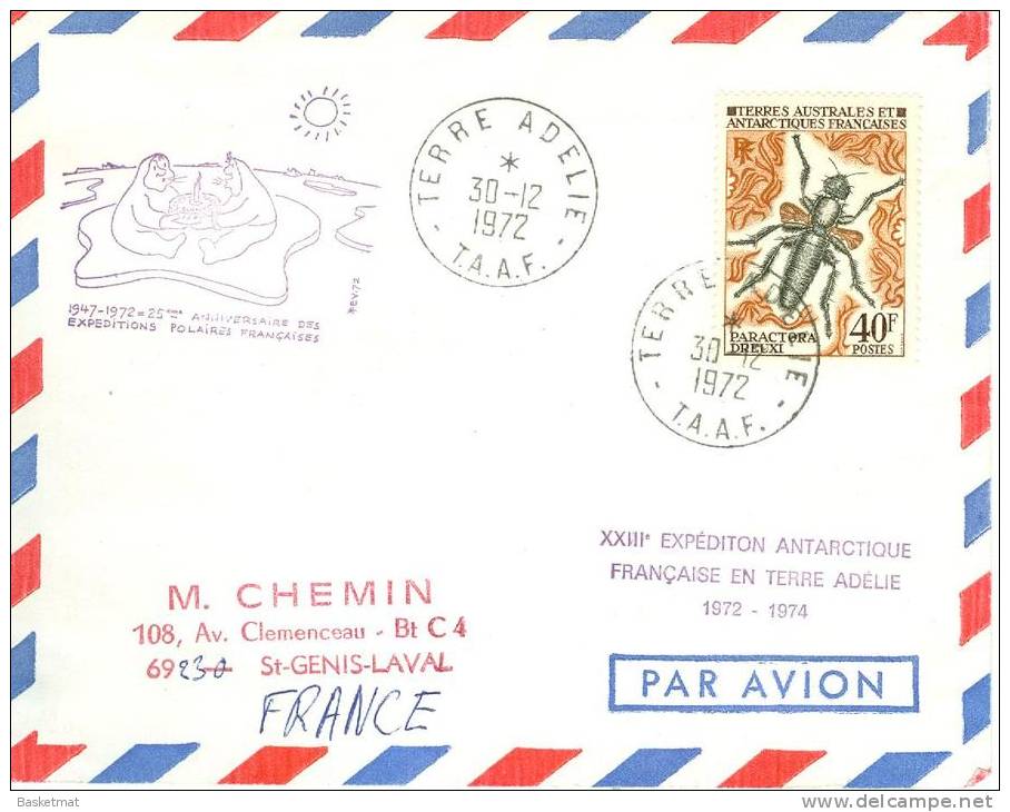 TAAF ENV DUMONT D´URVILLE   30/12/1972   TIMBRE N°  42 CACHETS 25° ANNIVERSAIRES EXPEDITION POLAIRES - Lettres & Documents