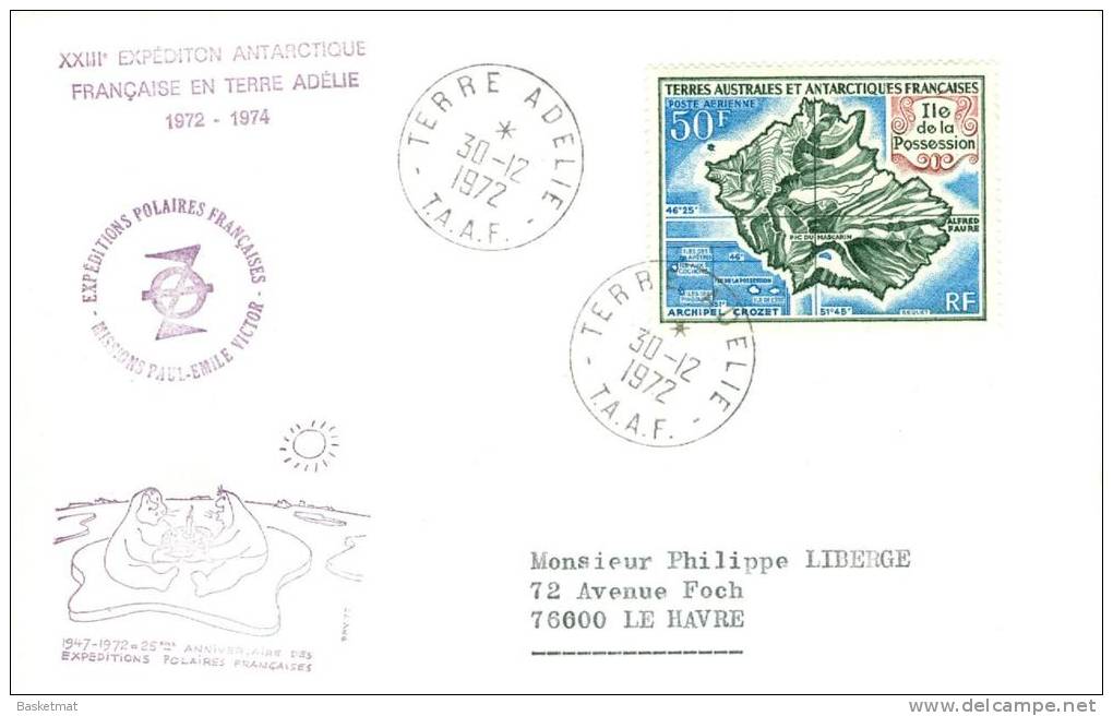 TAAF ENV DUMONT D´URVILLE   30/12/1972   TIMBRE N°  PA23  CACHET 25° ANNIVERSAIRE  EXPEDITION POLAIRES - Covers & Documents