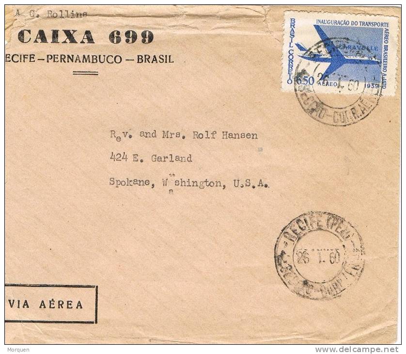 Carta  Aerea RECIFE (Brasil) 1960. Stamp Inauguracion Transporte Aereo - Brieven En Documenten