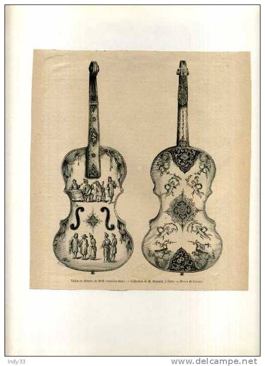 - VIOLON EN FAÏENCE DE DELFT . GRAVURE SUR BOIS DU XIXe S. DECOUPEE ET COLLEE SUR PAPIER - Delft (NLD)