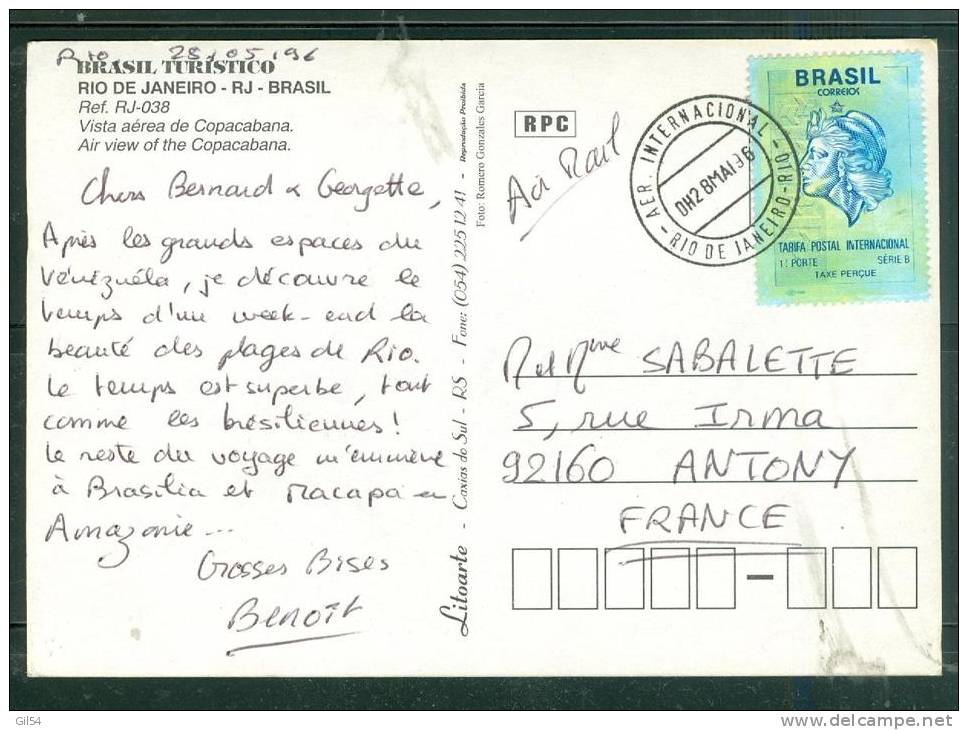 Timbre Du Brésil  Au Dos D´une Carte Postale Pour La France  En 1996   Au2526 - Lettres & Documents