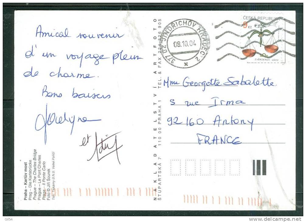 Timbre De Tchéquie   Au Dos D'une Carte Postale Pour La France  En 2004  Au2528 - Lettres & Documents