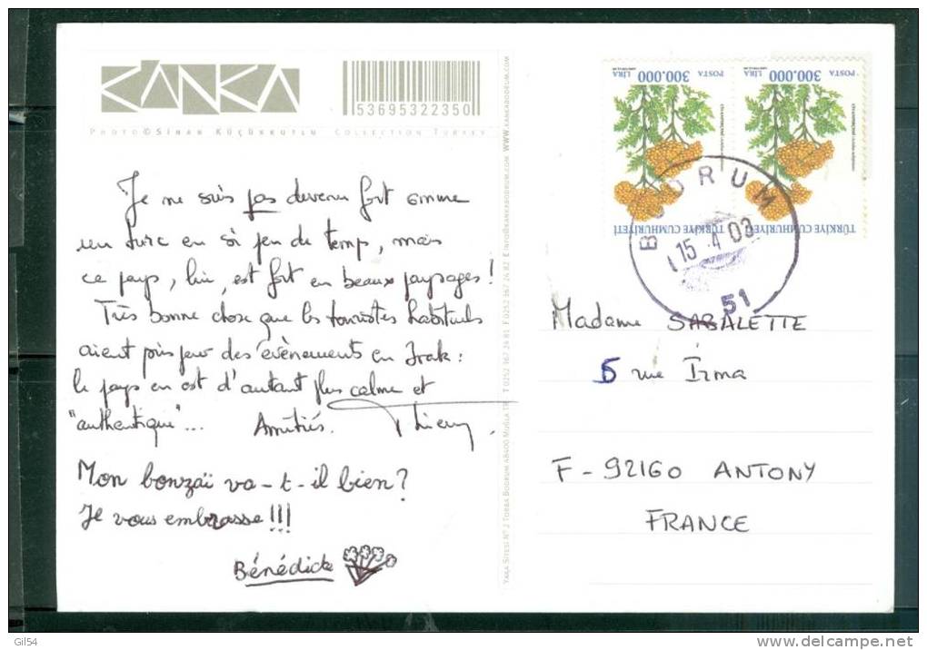 Timbre De Turquie    Au Dos D'une Carte Postale Pour La France  En 2003 -  Au2557 - Storia Postale