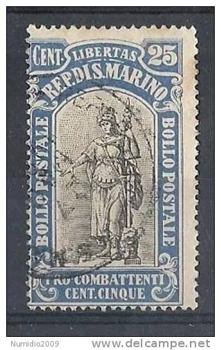 1918 SAN MARINO USATO PRO COMBATTENTI 25 C - RR9123 - Used Stamps