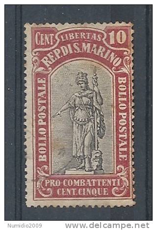 1918 SAN MARINO USATO PRO COMBATTENTI 10 C - RR9123-2 - Used Stamps