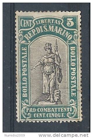 1918 SAN MARINO USATO PRO COMBATTENTI 5 C - RR9123 - Used Stamps