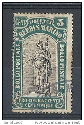 1918 SAN MARINO USATO PRO COMBATTENTI 5 C - RR9124 - Used Stamps