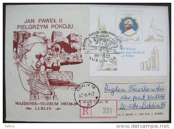 1987 POLAND POLSKA REGISTERED LETTER VISIT OF POPE JOHN PAUL II. BLOCK - Popes