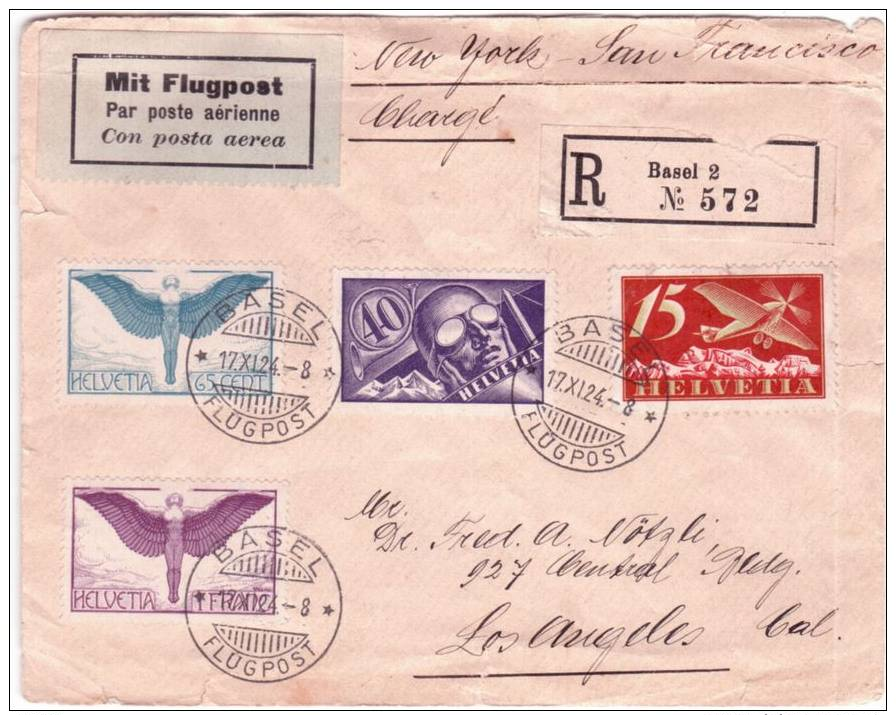 1924- Enveloppe RECC. Par Avion De Bâle Pour Los Angelès ( U S A ) Transit N Y Et Arrivée Au Dos - Storia Postale