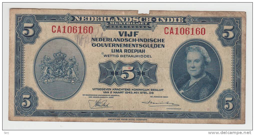 Netherlands Indies 5 Gulden 1943 Banknote P 113a 113 A - Niederländisch-Indien