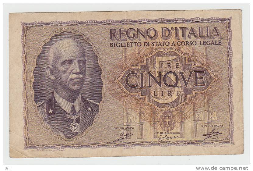 ITALY 5 Lire 1940 VF++ P 28 - Italia – 5 Lire