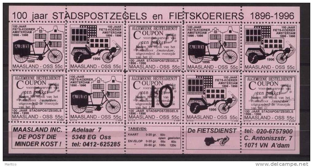 Stadspost MAASLAND OSS LOCAL MAIL NETHERLANDS S.S. 10X55ct ROSE BICYCLE FIETS VELO FAHRRAD - Ciclismo