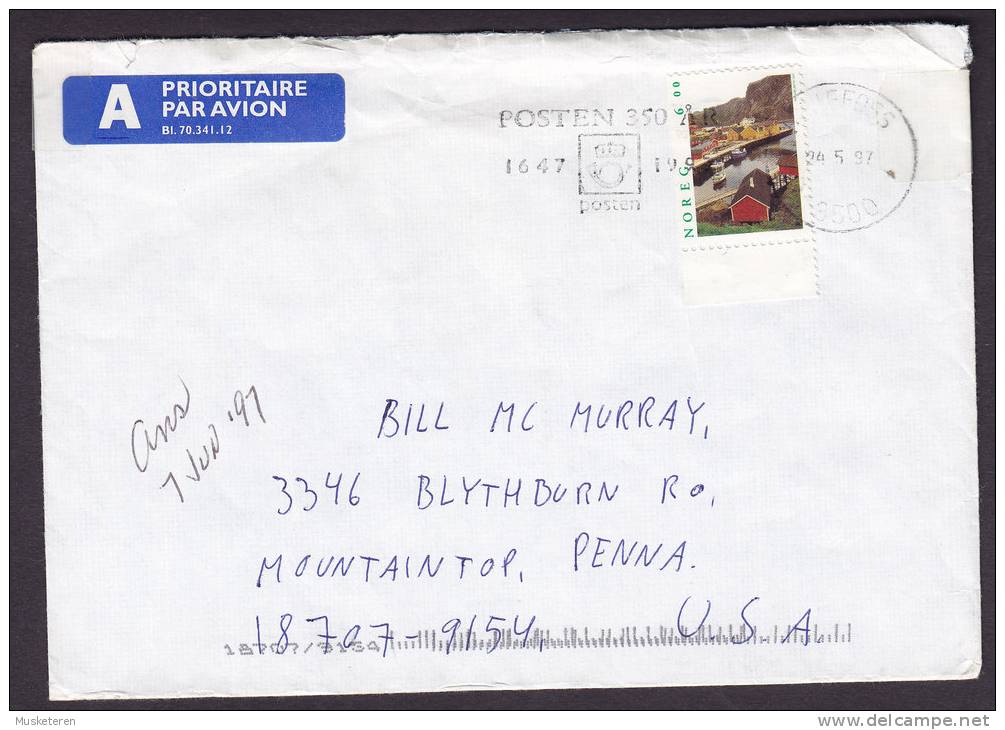 Norway A Prioritaire Par Avion Airmail Label HØNEFOSS 1997 Cover MOUNTAINTOP United States Tuberculosis Seal (2 Scans) - Lettres & Documents