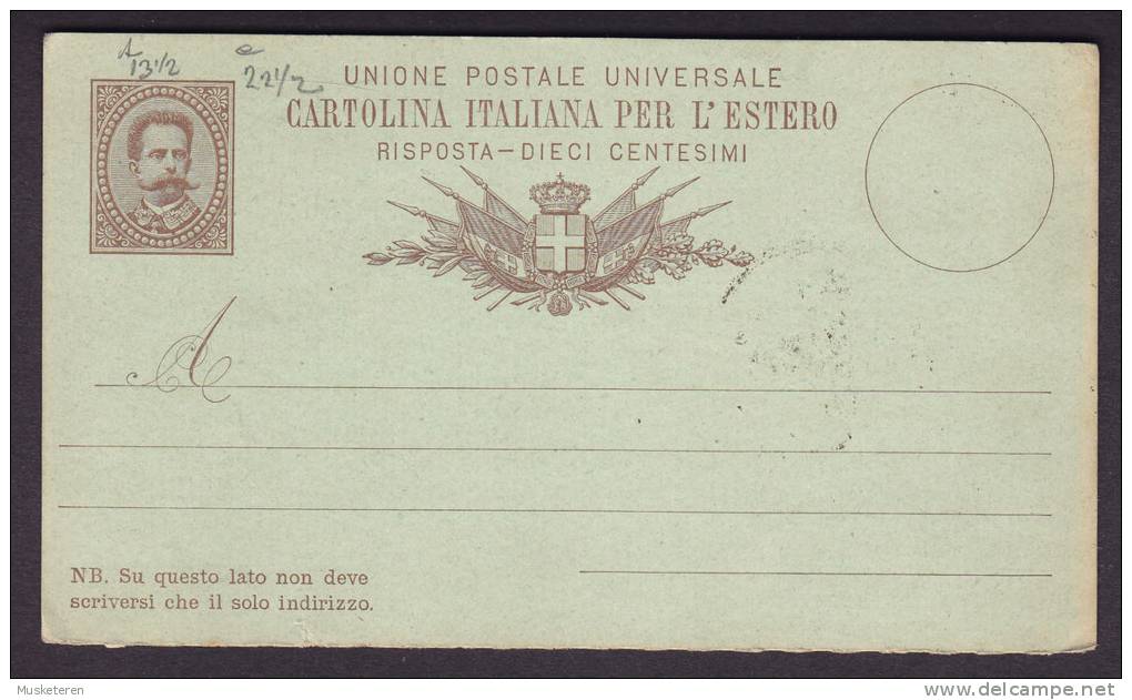 Italy Postal Stationery Ganzsache Intero Dieci Centesimi King König Umberto I. Antwort Résponse Riposta - Ganzsachen