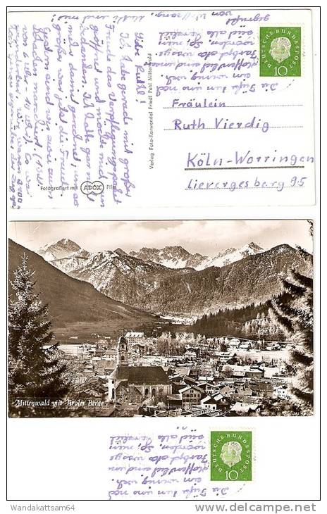 AK Mittenwald Mit Tiroler Berge 12. 7.59 - 17 MITTENWALD Werbestmpel HOCHALPINES MITTENWALD Nach Köln - Mittenwald