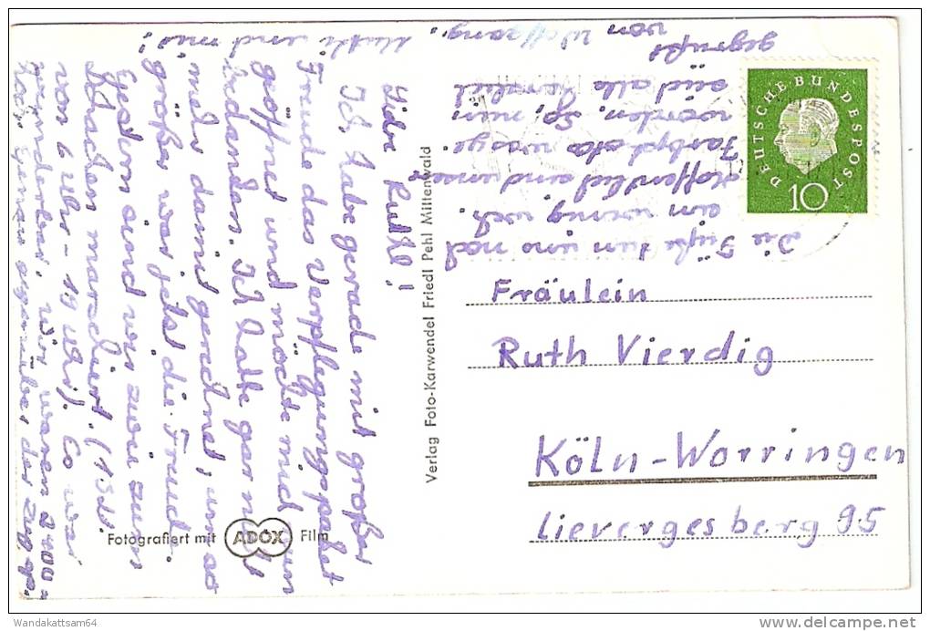 AK Mittenwald Mit Tiroler Berge 12. 7.59 - 17 MITTENWALD Werbestmpel HOCHALPINES MITTENWALD Nach Köln - Mittenwald