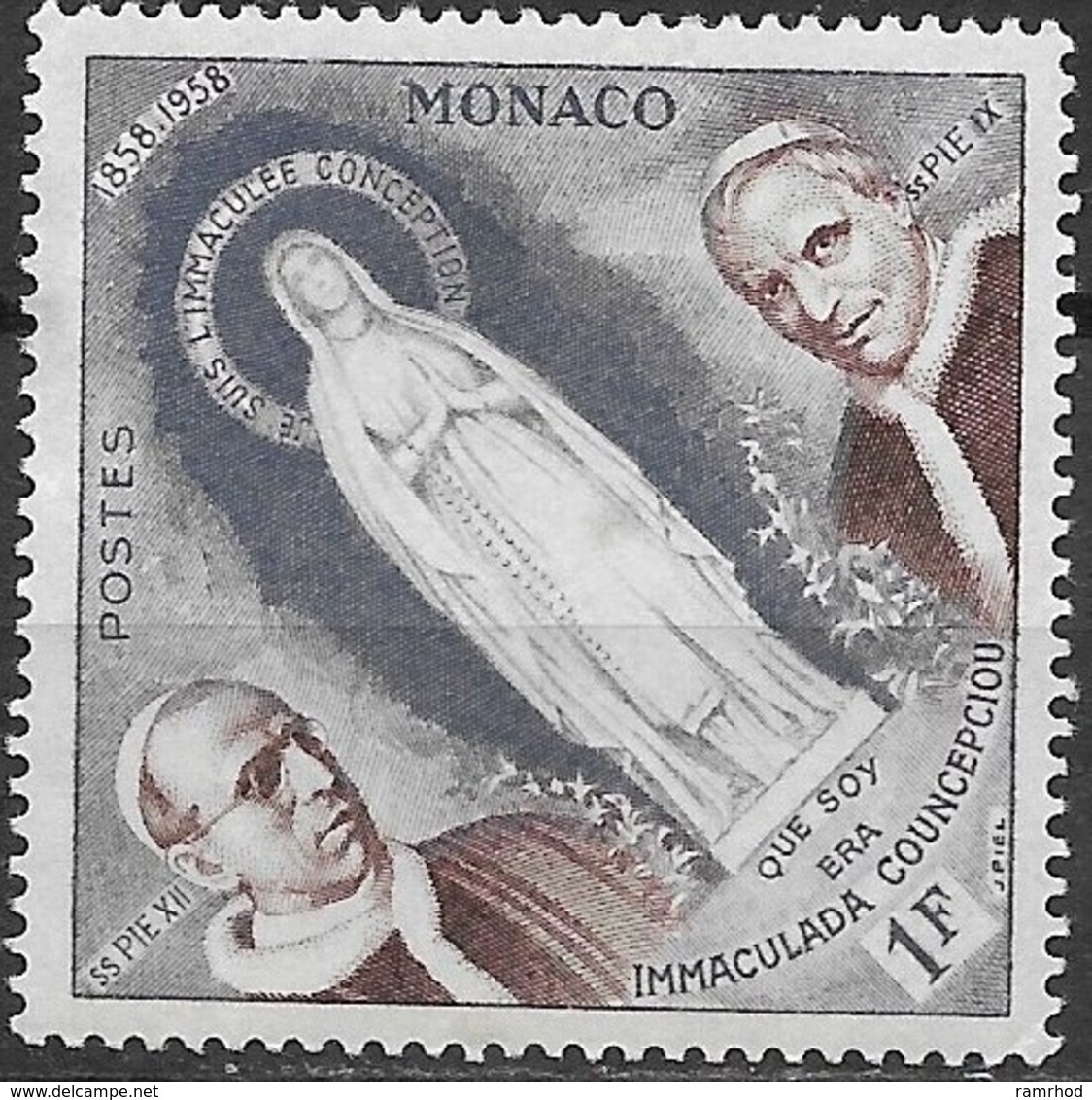 MONACO 1958 Centenary  Apparition Of Virgin Mary At Lourdes - 1f Statue Of The Holy Virgin & Popes Pius IX & Pius XII MH - Nuevos