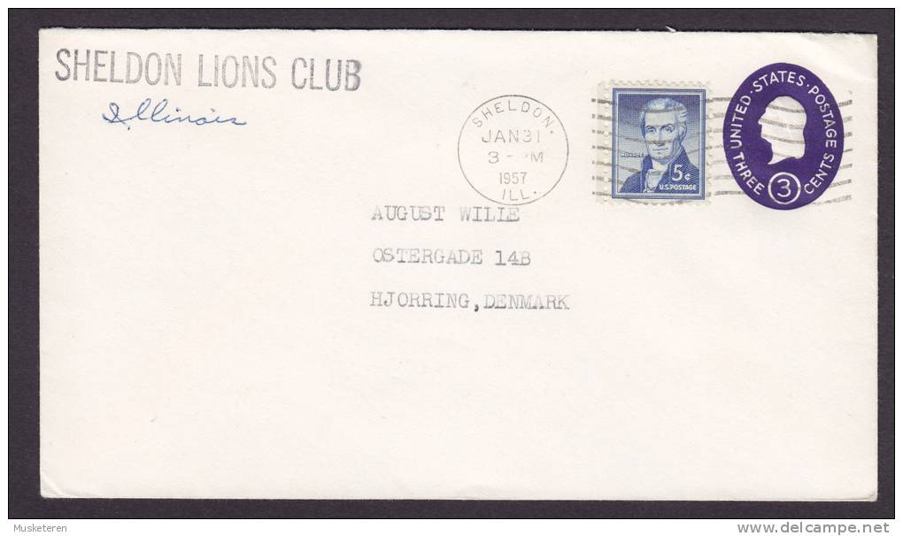 United States Uprated Postal Stationery Ganzsache Entier SHELDON LIONS CLUB 1957 Cover To HJØRRING Denmark - 1941-60