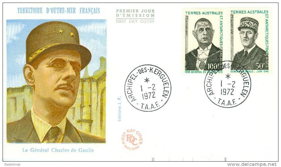 TAAF ENV PORT AUX FRANCAIS KERGUELEN FDC 1/21/1972 GENERAL DE GAULLE N°46 ET 47 - Briefe U. Dokumente