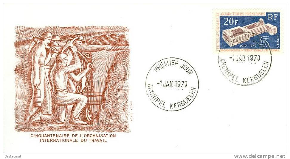 TAAF ENV PORT AUX FRANCAIS KERGUELEN FDC 1/1/1970 50° ANNIVERSAIRE DE L'ORGANISATION DU TRAVAIL TIMBRE N°32 - Cartas & Documentos