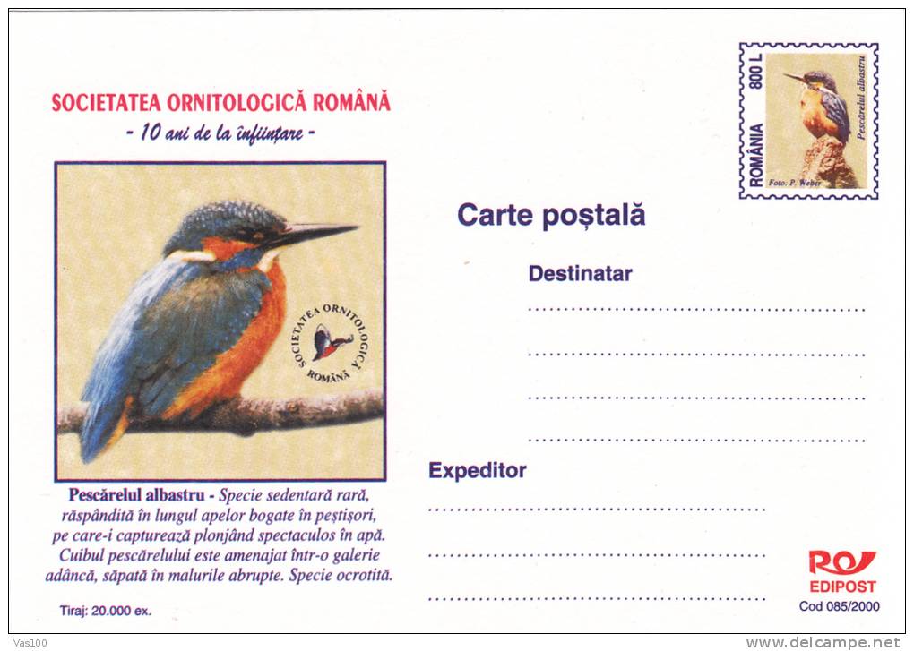 Pescarelul Blue Bird 2000 Stationert Card Entier Postal Unused Romania. - Marine Web-footed Birds