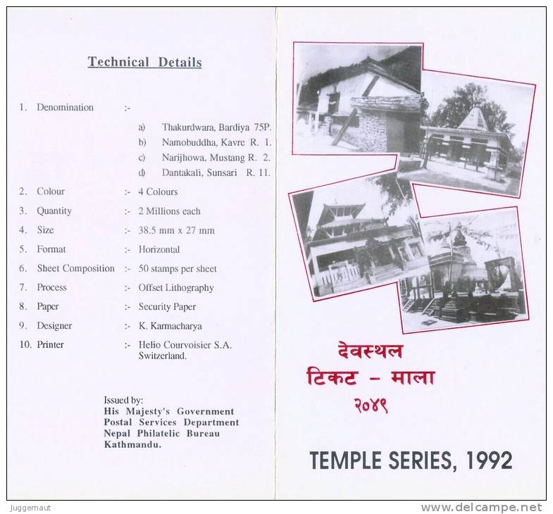 TEMPLE SERIES 4 Stamp FOLDER FDC NEPAL 1992 MINT - Hindouisme