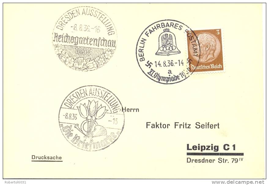 Germany Postcard From Berlin To Leipzig With Special Cancel "Berlin Fahrbares Postamt - XI Olympiade" 14/8/1936 - Ete 1936: Berlin